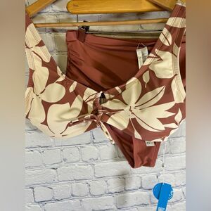 NWT Cupshe Floral Brown and White Bikini Top and Solid Bottom Beach Swimsuit 0X